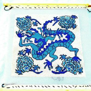 Blue & White Chinese Dragon Completed Needlepoint 18" Pillow Chinoiserie